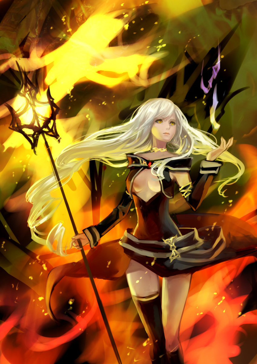 absurdres ask_(askzy) asymmetrical_legwear bad_id bad_pixiv_id breasts cleavage cleavage_cutout clothing_cutout detached_sleeves female fire highres long_hair medium_breasts pixiv_fantasia pixiv_fantasia_wizard_and_knight staff uneven_legwear white_hair yellow_eyes