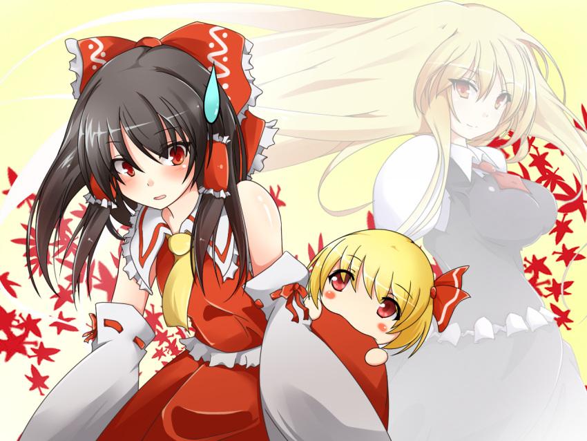 2girls aged_up ascot ass_biting biting black_hair blonde_hair blush blush_stickers bow breasts commentary_request detached_sleeves dress_shirt dual_persona hair_ribbon hair_tubes hairbow hakurei_reimu impossible_clothes impossible_shirt light_smile long_hair multiple_girls osana_reimu red_eyes reireimu ribbon rumia shirt short_hair sidelocks skirt skirt_set small_breasts smile sweatdrop tenpesuto touhou