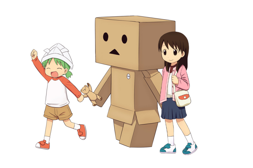 2girls arm_up ayase_ena bad_id bad_pixiv_id bag box_body brown_hair closed_eyes danboo duralumin green_hair koiwai_yotsuba lolicon mika-shi multiple_girls open_mouth paper_hat paper_kabuto photoshop_(medium) shoes short_hair shorts simple_background skirt smile socks stuffed_animal stuffed_toy teddy_bear white_background yotsubato!