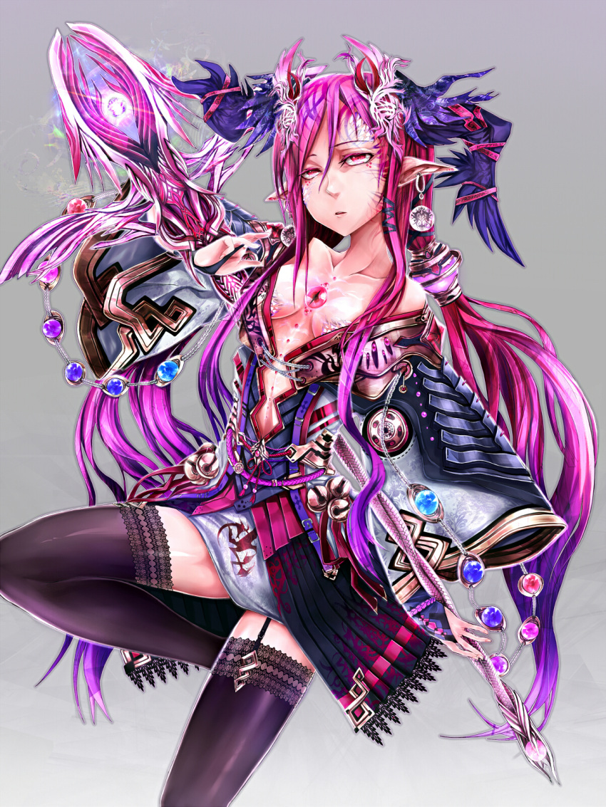 asuke_yuki bad_id bad_pixiv_id bell black_thighhighs collarbone earrings female garter_straps gloves gradient_hair highres jewelry multicolored_hair onimusha_soul original pink_hair pointy_ears purple_hair red_eyes solo staff tears thighhighs