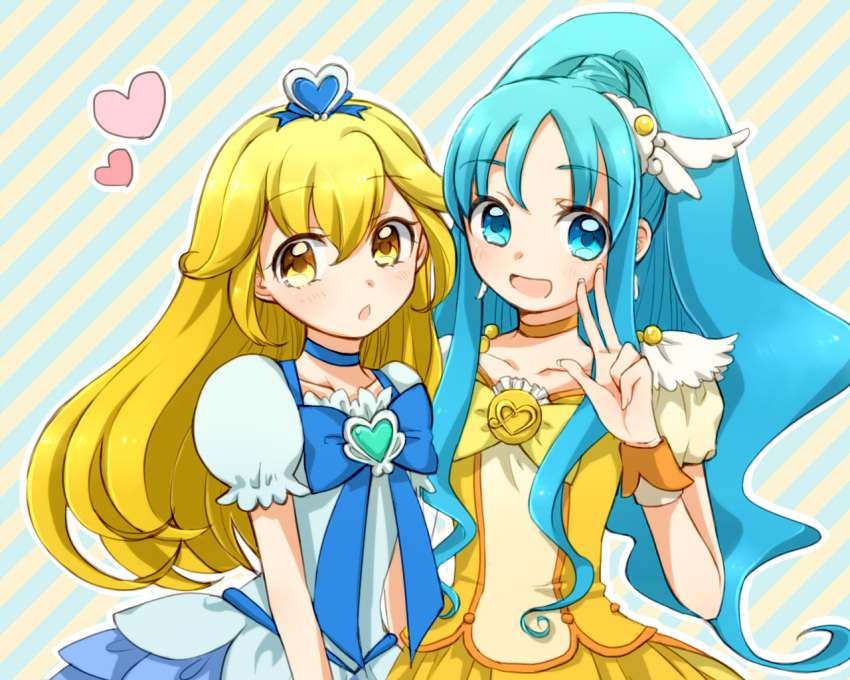 2girls bad_id bad_pixiv_id blonde_hair blue_choker blue_eyes blue_hair blue_skirt bow brooch choker commentary_request cosplay costume_switch cure_marine cure_marine_(cosplay) cure_peace cure_peace_(cosplay) hair_flaps heart heart_brooch heartcatch_precure! high_ponytail in-franchise_crossover jewelry kurumi_erika long_hair magical_girl mironomeo multiple_girls partial_commentary ponytail precure ribbon skirt smile smile_precure v wide_ponytail yayoi_kise yellow_bow yellow_choker yellow_eyes yellow_skirt