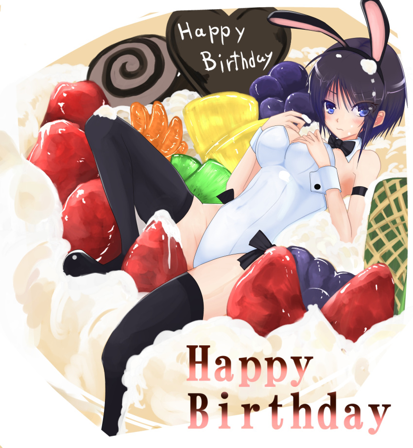 animal_ears bad_id bad_pixiv_id black_hair blue_eyes bow bowtie cafe_au_lait_(kafeore) cake detached_collar female food fruit happy_birthday highres in_food mini_person minigirl original oversized_object playboy_bunny rabbit_ears short_hair solo strawberry thighhighs wrist_cuffs