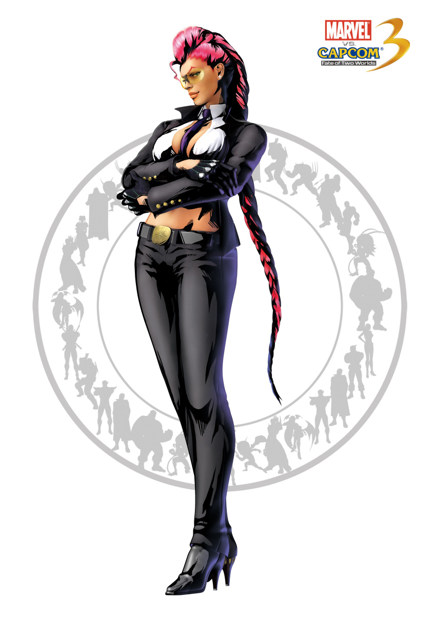 absurdres belt between_breasts black_gloves black_pants braid breasts capcom crimson_viper crossed_arms earrings female female full_body gloves high_heels highres jewelry long_hair marvel marvel_vs._capcom marvel_vs._capcom_3 marvel_vs_capcom marvel_vs_capcom_3 midriff mori_toshiaki necktie official_art pants pink_hair pompadour shinkiro shoes silhouette single_braid solo standing street_fighter street_fighter_iv sunglasses very_long_hair