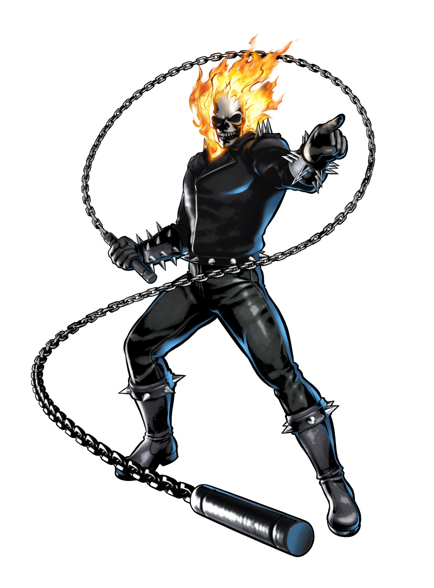 1boy absurdres bad_id chains fire full_body ghost_rider highres jacket male_focus marvel marvel_vs._capcom marvel_vs._capcom_3 mori_toshiaki official_art skull skull_head solo spikes standing transparent_background western_comics_(style)