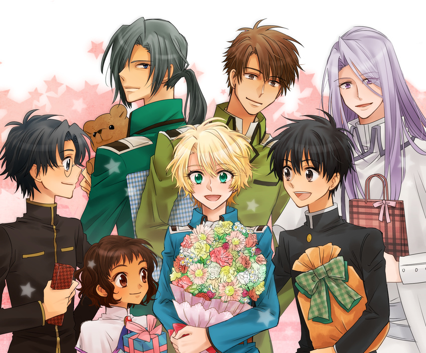 6+boys aqua_eyes black_hair blue_eyes blush bouquet brown_eyes brown_hair commentary_request conrad_weller dark_skin family father_and_daughter female flower gakuran greta_(kyou_kara_maou!) gunter_von_christ gwendal_von_voltaire highres kasasagi_(petarpan) kyou_kara_maou! light_purple_hair long_hair military military_uniform multiple_boys murata_ken open_mouth ponytail school_uniform shibuya_yuuri short_hair smile stuffed_animal stuffed_toy teddy_bear uniform wolfram_von_bielefeld