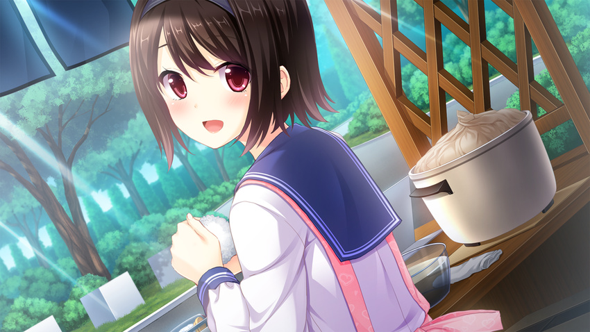 apron blush brown_hair food game_cg headband hiten_goane_ryu juunin_kanri! kino_shizuku material_mel red_eyes seifuku short_hair