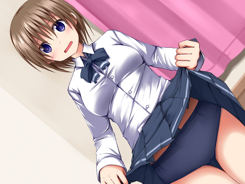 blue_eyes blush brown_hair buruma clothes_lift commentary_request dutch_angle female highres hizumi_(nanika_no_shougou) looking_at_viewer open_mouth original school_uniform short_hair skirt skirt_lift solo