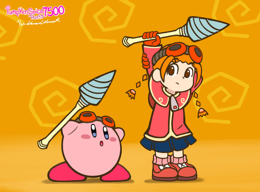 braid crossover drill female gloves goggles gurumin highres holding kirby kirby_(series) long_sleeves orange_hair oversized_zipper parin power_drill pumpkinspice7500 self-upload shoes skirt sneakers socks super_smash_bros. twin_braids weapon