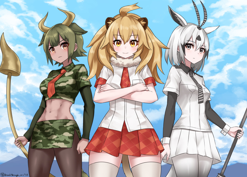 3girls abs animal_costume animal_ears antenna_hair arabian_oryx_(kemono_friends) arms_at_sides aurochs_(kemono_friends) bare_arms big_hair black_hair blonde_hair breast_pocket cat_girl closed_mouth collared_shirt commentary cow_ears cow_girl cow_horns cow_tail cowboy_shot crop_top cropped_shirt cuffs dark-skinned_female dark_skin day earrings empty_eyes expressionless extra_ears fur_collar gazelle_ears gazelle_tail grey_eyes grey_hair highres holding holding_weapon horn_lance horns jewelry kemono_friends layered_sleeves lion_(kemono_friends) lion_costume lion_ears lion_tail long_sleeves looking_at_viewer medium_hair midriff miniskirt multiple_girls navel necktie outdoors pantyhose pencil_skirt plaid plaid_neckwear plaid_skirt plaid_sleeves pleated_skirt pocket polearm red_necktie riro_(breakthrough_rr) shirt short_over_long_sleeves short_sleeves sidelocks skirt smile standing stomach striped striped_necktie tail thighhighs toned toned_female two-tone_background weapon wing_collar yellow_eyes zettai_ryouiki