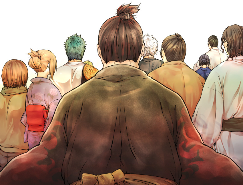 2girls 6+boys bad_id bad_pixiv_id brown_hair floral_print from_behind glasses gojou_reina gojou_yuuma green_hair hair_up highres hinomaru_zumou hori_chizuko japanese_clothes kimono kunisaki_chihiro mitsuhashi_kei multiple_boys multiple_girls obi ozeki_shinya sash short_hair simple_background standing ton_(lit42) tsuji_kirihito ushio_hinomaru white_background white_hair