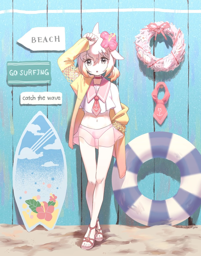 adapted_costume anchor_symbol bare_shoulders bikini bikini_skirt blonde_hair bow bowtie chicha_(chi_cha_rigbo) chinese_white_dolphin_(kemono_friends) choker commentary_request crop_top dolphin_girl dorsal_fin english_text female flower full_body hair_flower hair_ornament highres jacket kemono_friends multicolored_hair orange_hair pink_bikini pink_bow pink_bowtie pink_hair sailor_collar sand sandals shirt short_hair short_twintails sleeveless solo swimsuit twintails white_shirt yellow_jacket