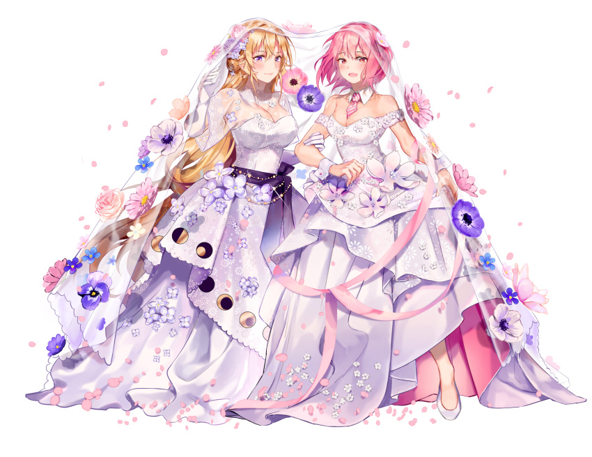 2girls alternate_costume arato_hisako bare_shoulders blonde_hair blue_flower blush breasts bridal_veil bride cleavage collarbone commentary_request dress dress_flower elbow_gloves flower full_body gloves heikong highres large_breasts layered_dress long_dress long_hair looking_at_viewer medium_breasts multiple_girls nakiri_erina open_mouth petals pink_hair see-through shoes shokugeki_no_souma short_hair short_sleeves smile strapless strapless_dress veil wedding_dress white_background white_dress white_flower white_footwear white_gloves wife_and_wife wrist_cuffs yuri