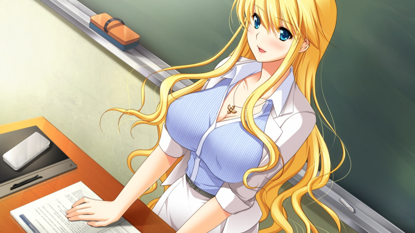 belt blonde_hair blue_eyes blush breasts classroom cleavage collar female frill frills gakuen_taima game_cg hijirigaoka_lisa indoors large_breasts long_hair looking_at_viewer smile solo teacher