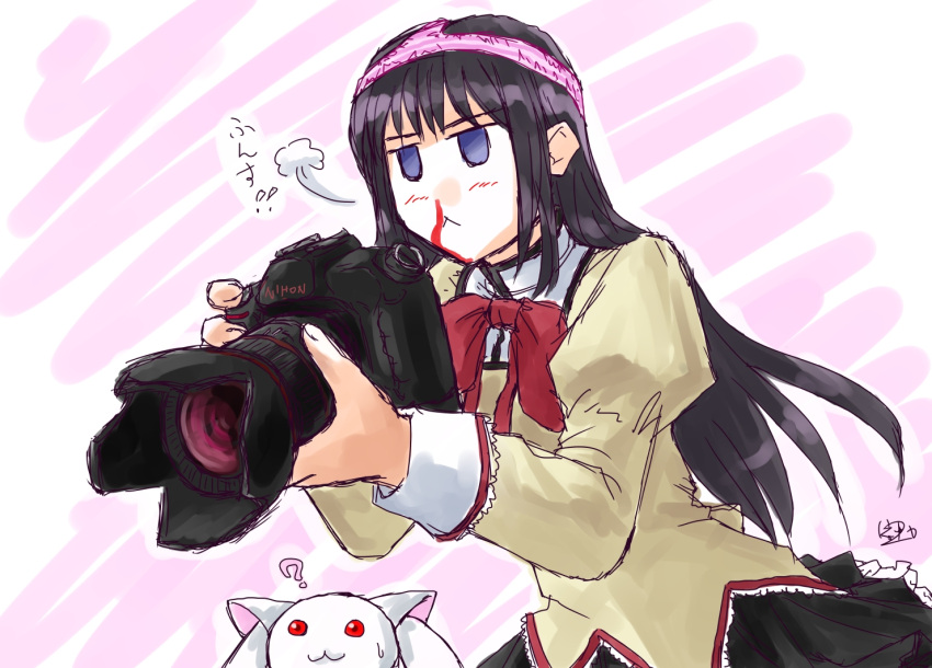 ? akemi_homura black-yuzunyan black_hair blood blue_eyes brand_name_imitation camera commentary_request female female_pervert kyuubee long_hair mahou_shoujo_madoka_magica mahou_shoujo_madoka_magica_(anime) mitakihara_school_uniform nikon_(company) no_pupils nosebleed object_on_head panties panties_on_head pervert pink_panties red_eyes school_uniform signature single-lens_reflex_camera skirt underwear