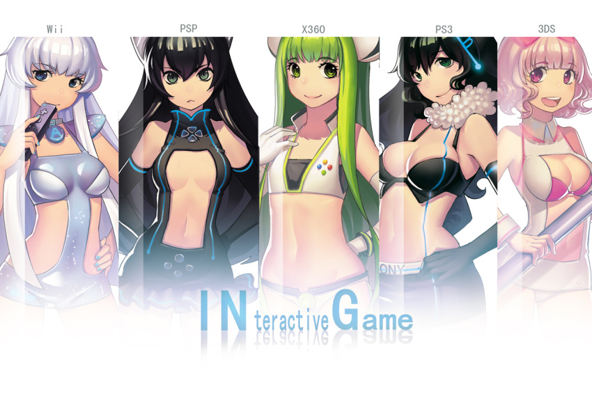 5girls :< :3 animal_ears armpits bad_id bad_pixiv_id bare_shoulders black_hair blue_eyes blue_nails bra breasts buttons chinese_commentary commentary_request controller elbow_gloves english_text eyelashes feather_boa fiodo flat_chest game_console game_controller gloves green_eyes green_hair hand_on_own_chest handheld_game_console jewelry large_breasts long_hair looking_at_viewer multiple_girls nail_polish navel necklace nintendo_3ds open_mouth original personification photoshop_(medium) pink_eyes pink_hair platform playstation_3 playstation_portable ribbon short_hair shoulder_pads smile staff underwear weapon white_hair wii wii_remote wristband xbox_360