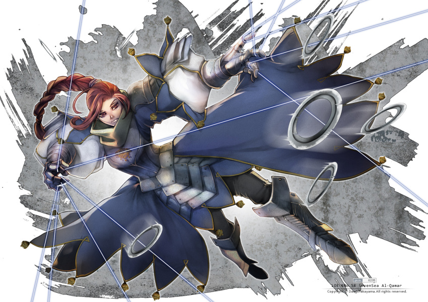 armor armored_boots boots braid breastplate commentary_request female full_body gauntlets original plate_armor red_eyes red_hair single_braid solo takayama_dan wire