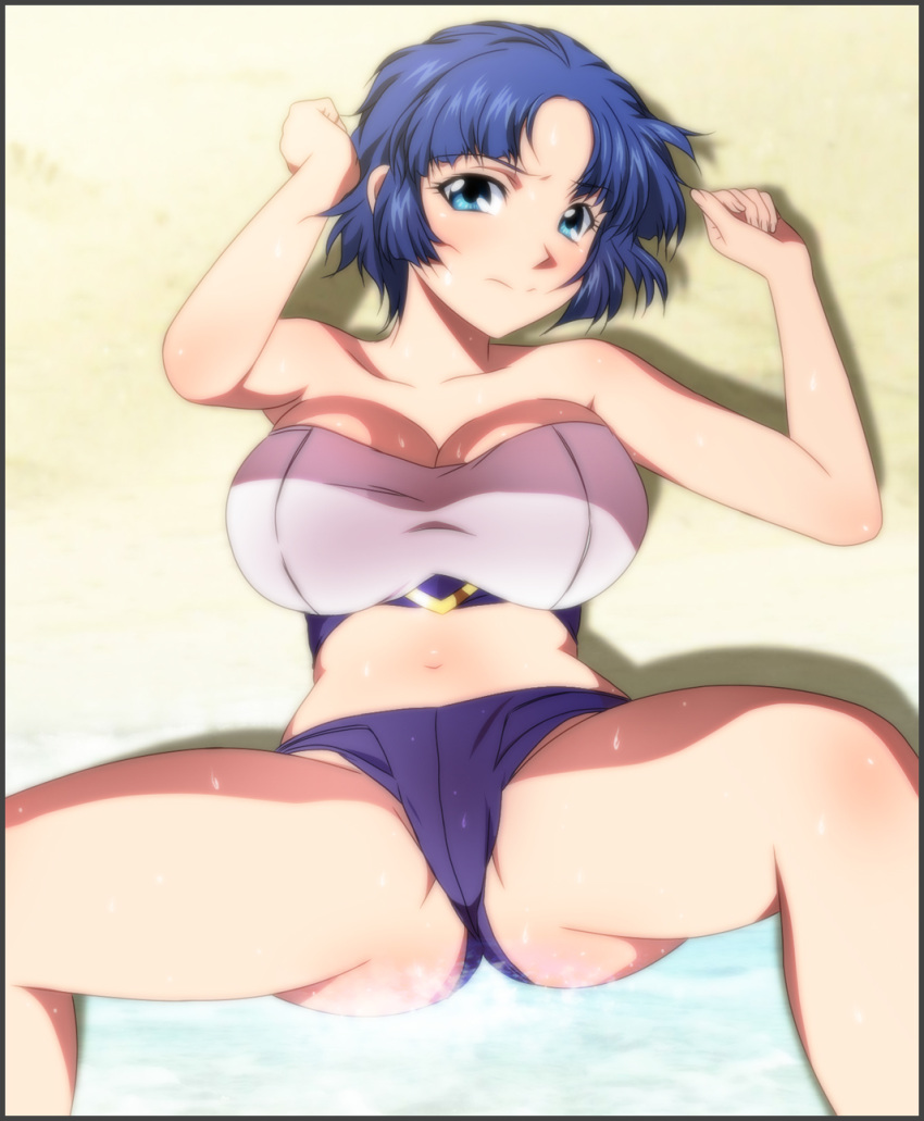 banpresto beach blue_eyes blue_hair blush breasts cleavage highres kusuha_mizuha large_breasts looking_at_viewer lying lying_down navel sand short_hair solo spread_legs super_robot_wars sweat swimsuit yadokari_genpachirou