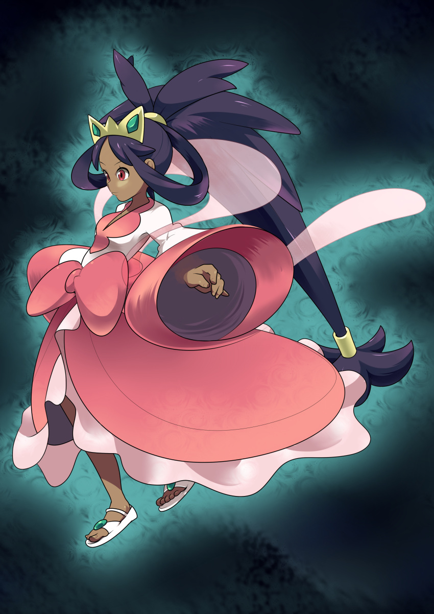 absurdres big_hair bow commentary_request crown dark-skinned_female dark_skin dress female hagoromo highres iris_(pokemon) long_hair long_sleeves pmx pokemon pokemon_bw2 purple_hair red_eyes sandals shawl solo very_long_hair waist_bow