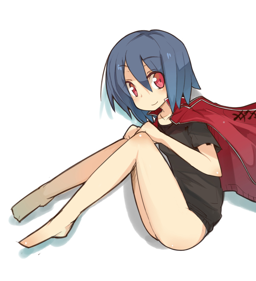 alternate_costume bare_legs barefoot blue_hair collarbone commentary_request female full_body highres katsudansou nagae_iku no_pants red_eyes short_hair simple_background sitting smile solo touhou white_background