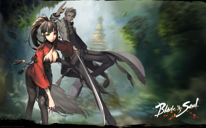 1boy black_hair blade_&_soul breasts cleavage coat female highres ink kun_(blade_&_soul) medium_breasts motion_blur orange_eyes ponytail sword weapon