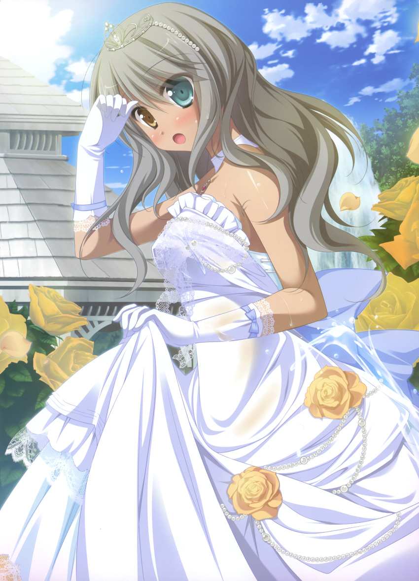 absurdres aqua_eyes copyright_request crown dark-skinned_female dark_skin dress female flower gloves grey_hair heterochromia highres rose sesena_yau solo wedding_dress yellow_eyes yellow_flower yellow_rose