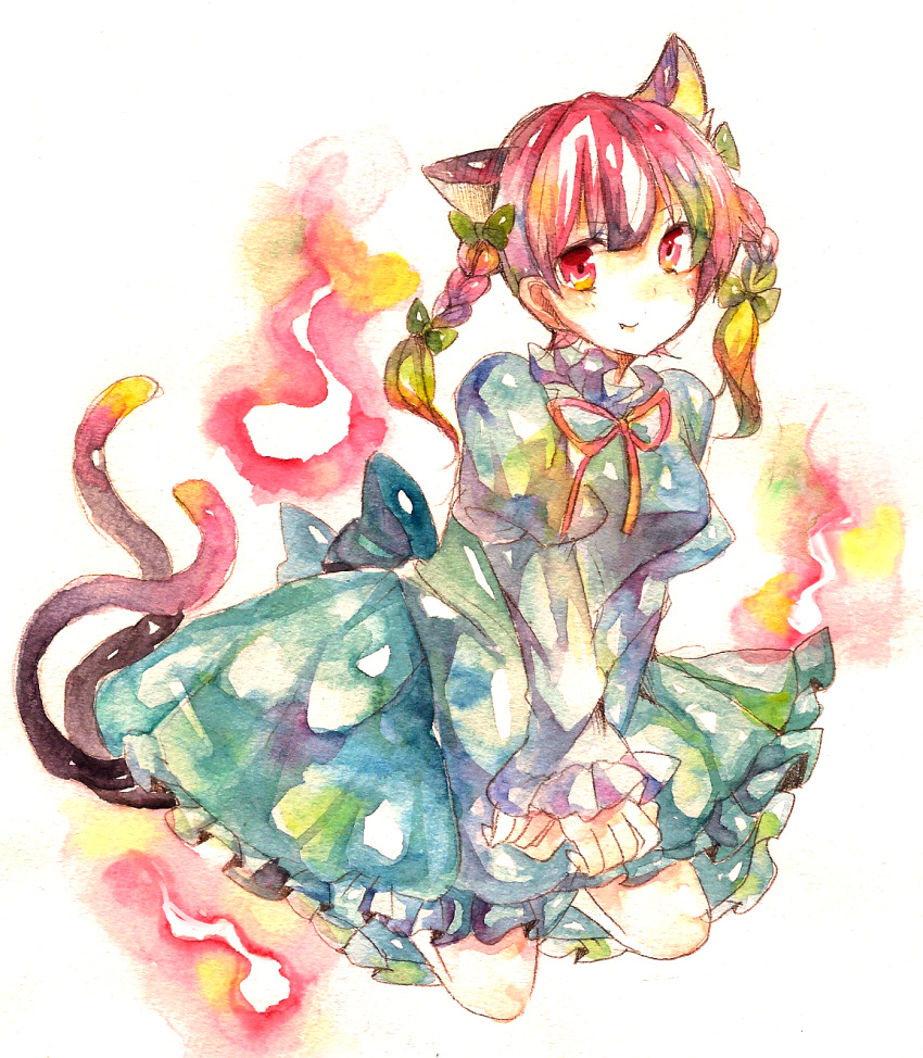 animal_ears bow braid cat_ears cat_tail commentary_request dress female highres kaenbyou_rin kneeling long_sleeves looking_at_viewer multiple_tails niyasuke_(yama) oerba_yun_fang painting_(medium) red_eyes red_hair smile solo tail touhou traditional_media twin_braids watercolor_(medium)