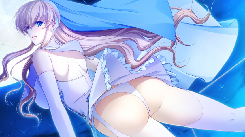 ass blonde_hair blue_eyes breasts female frill frills gakuen_taima game_cg hijirigaoka_lisa legwear long_hair looking_back moon night outdoors panties sideboob sky solo stocking thighhighs underwear