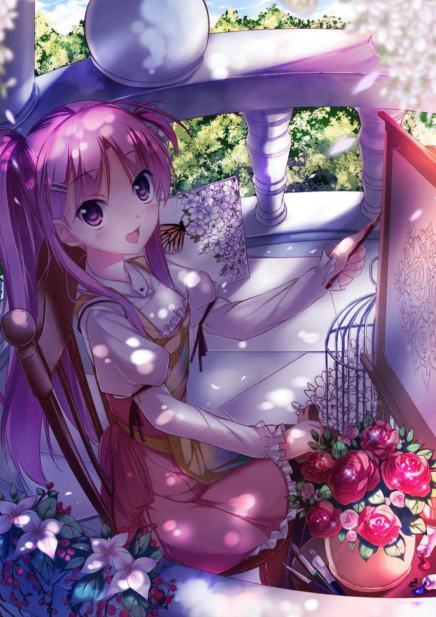 :d absurdres apron art_brush blush bug butterfly cage chair commentary_request easel female flower hair_ornament hairclip highres holding kaho_okashii long_hair oekaki_musume open_mouth original paintbrush photoshop_(medium) pink_eyes pink_hair rose sitting smile solo