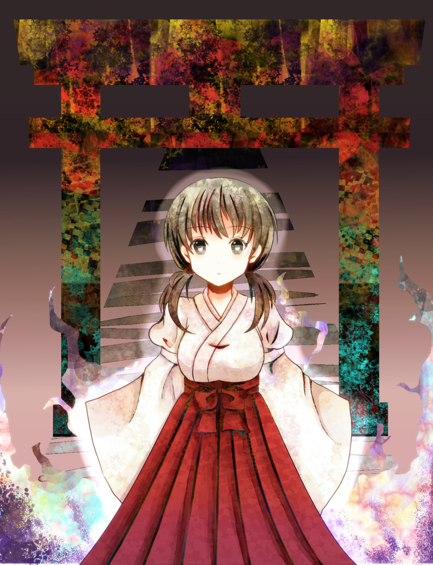 breasts commentary_request female hakama hakama_skirt highres japanese_clothes jindai_komaki kioku_no_hitsugi large_breasts miko red_hakama saki_(manga) skirt solo twintails