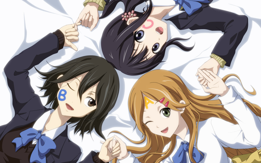 3girls bad_id bad_pixiv_id bed_sheet black_eyes black_hair black_sweater blazer blonde_hair blue_jacket brown_hair dress_shirt green_eyes hair_ornament hairclip hairpin highres holding_hands inaba_himeko jacket kiriyama_yui kokoro_connect kouchou long_hair looking_at_viewer lying mole mole_under_mouth multiple_girls nagase_iori necktie on_back one_eye_closed open_mouth ribbon school_uniform shirt short_hair sweater white_shirt yamaboshi_private_high_school_uniform