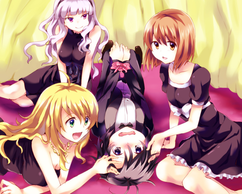 4girls :d bare_shoulders black_dress black_eyes black_hair blonde_hair bob_cut bondage bondage bound breasts brown_eyes brown_hair cleavage commentary_request dress green_eyes grey_hair hagiwara_yukiho hairband hoshii_miki idolmaster idolmaster_(classic) jewelry kikuchi_makoto long_hair medium_breasts multiple_girls necklace open_mouth oshakana photoshop_(medium) purple_eyes ribbon ribbon_bondage shijou_takane short_hair smile tuxedo wavy_mouth