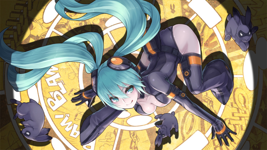 :q aqua_eyes aqua_hair bodysuit breasts cleavage commentary_request female goggles goggles_on_head hatsune_miku long_hair looking_at_viewer medium_breasts nidy photoshop_(medium) rabbit smile solo tongue tongue_out twintails very_long_hair vocaloid