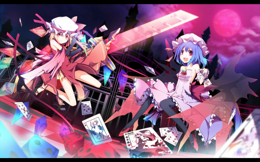 2girls blonde_hair blue_hair blush card checkered_floor commentary_request crystal dice dress flandre_scarlet hat hat_ribbon ichiyan izayoi_sakuya koakuma letterboxed looking_at_viewer moon multiple_girls pantyhose playing_card red_eyes red_moon remilia_scarlet ribbon side_ponytail smile touhou wings