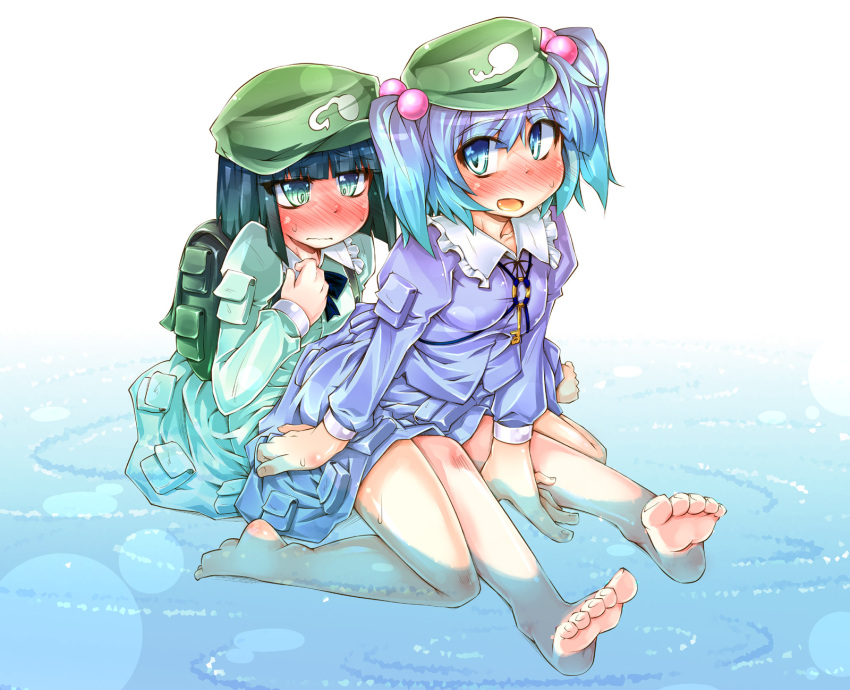 2girls backpack bag barefoot blue_eyes blue_hair blush commentary_request dark_haired_kappa green_eyes green_hair hair_bobbles hair_ornament highres kappa_mob_(touhou) kawashiro_nitori key multiple_girls narumiya_(narumiya) partially_submerged short_hair sitting touhou two_side_up water