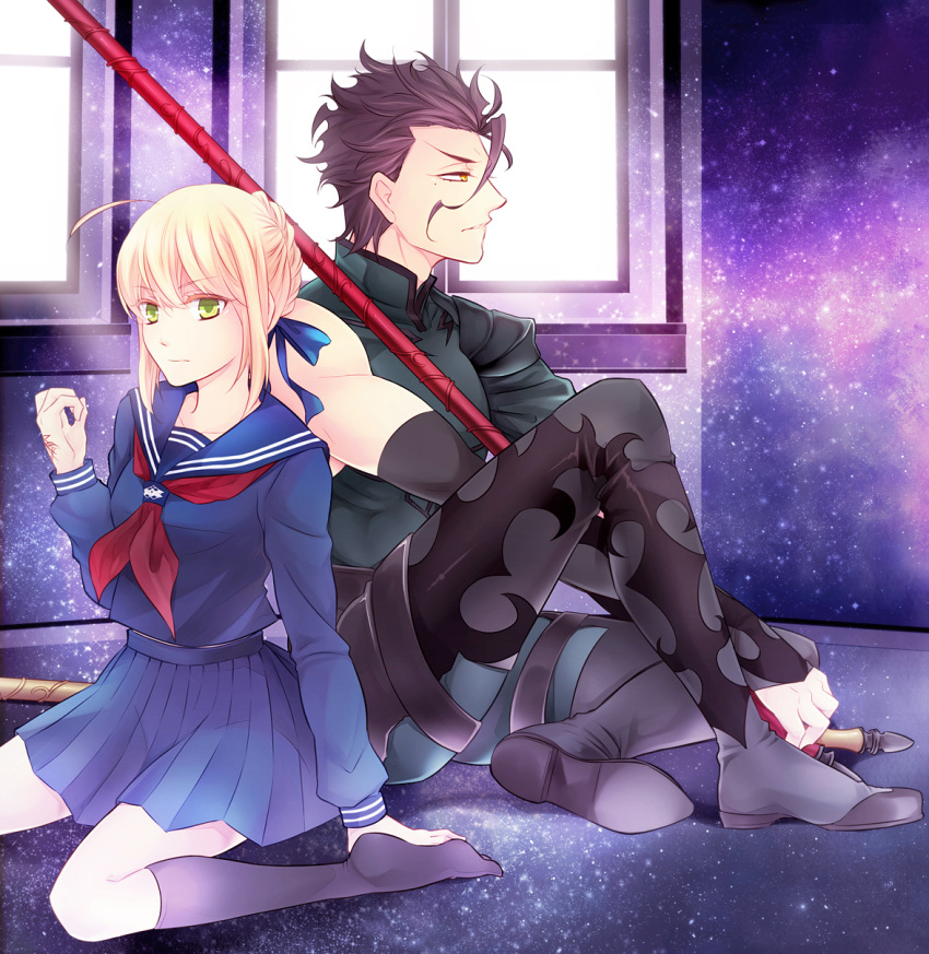 1boy ahoge artoria_pendragon_(fate) blonde_hair boots brown_hair capsule_servant command_spell commentary_request diarmuid_ua_duibhne_(lancer)_(fate) fate/zero fate_(series) female gae_buidhe_(fate) gae_dearg_(fate) green_eyes hair_ribbon highres iroto_89 master_artoria mole mole_under_eye photoshop_(medium) polearm ribbon school_uniform serafuku short_hair sitting socks spear thigh_boots thighhighs weapon yellow_eyes