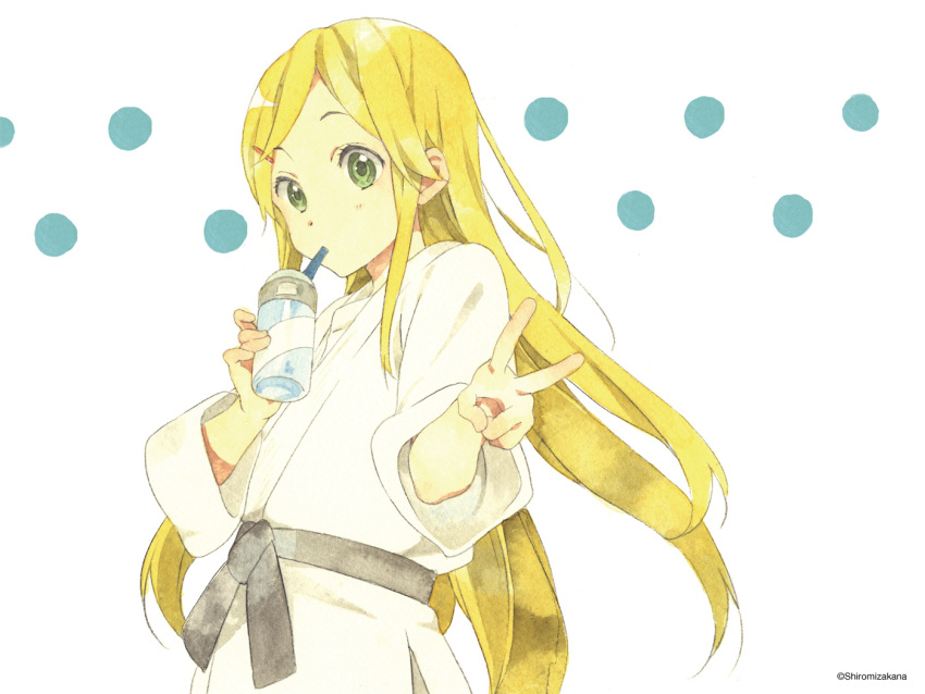 bad_id blonde_hair dougi drinking famitsu female green_eyes hair_ornament hairclip horiguchi_yukiko kiriyama_yui kokoro_connect long_hair official_art official_wallpaper solo v