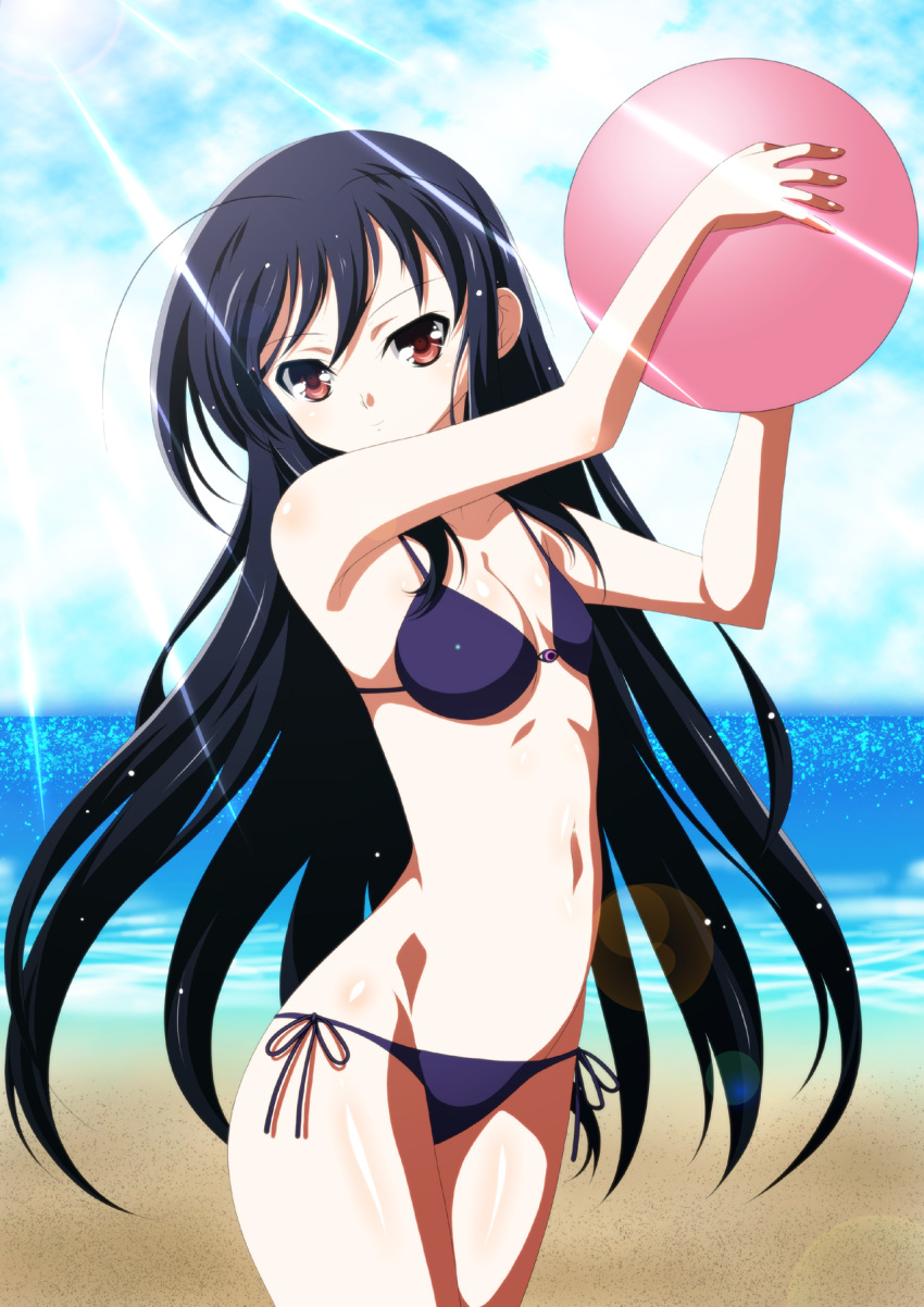 accel_world antenna_hair ball beach beachball bikini black_hair brown_eyes commentary_request female highres ka2 kuroyukihime lens_flare light_rays long_hair navel red_eyes side-tie_bikini_bottom sunbeam sunlight swimsuit very_long_hair