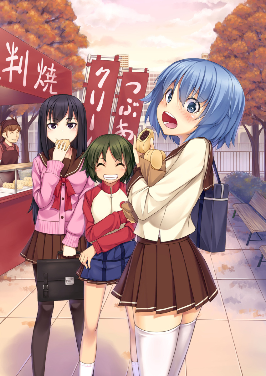 3girls ^_^ bag banner bench black_hair black_legwear blue_eyes blue_hair blush brown_hair brown_skirt carrying closed_eyes commentary_request dorayaki food food_stand grin h_kasei highres long_hair looking_at_viewer multiple_girls nobori open_mouth original pantyhose paper_bag photoshop_(medium) pleated_skirt purple_eyes school_bag school_uniform serafuku short_hair skirt smile socks standing thighhighs tree wagashi white_legwear