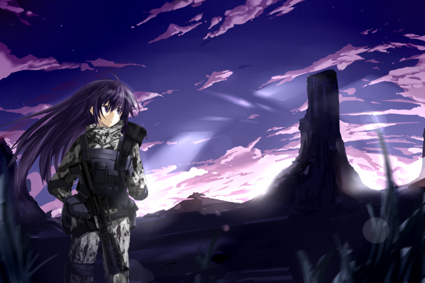 ahoge assault_rifle camouflage cloud commentary digital_camouflage female gloves gun jitome load_bearing_vest long_hair looking_away m4_carbine mesa original purple_eyes purple_hair purple_sky rifle saberiii sky soldier solo star_(sky) starry_sky sunlight sunset trigger_discipline twilight weapon