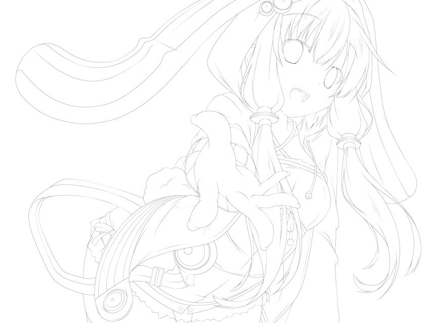 animal_ears commentary_request female hands highres hood hooded_jacket jacket line_art long_hair looking_at_viewer monochrome open_mouth rabbit_tail smile solo tail transparent_background twintails vocaloid voiceroid yuzuki_kei yuzuki_yukari