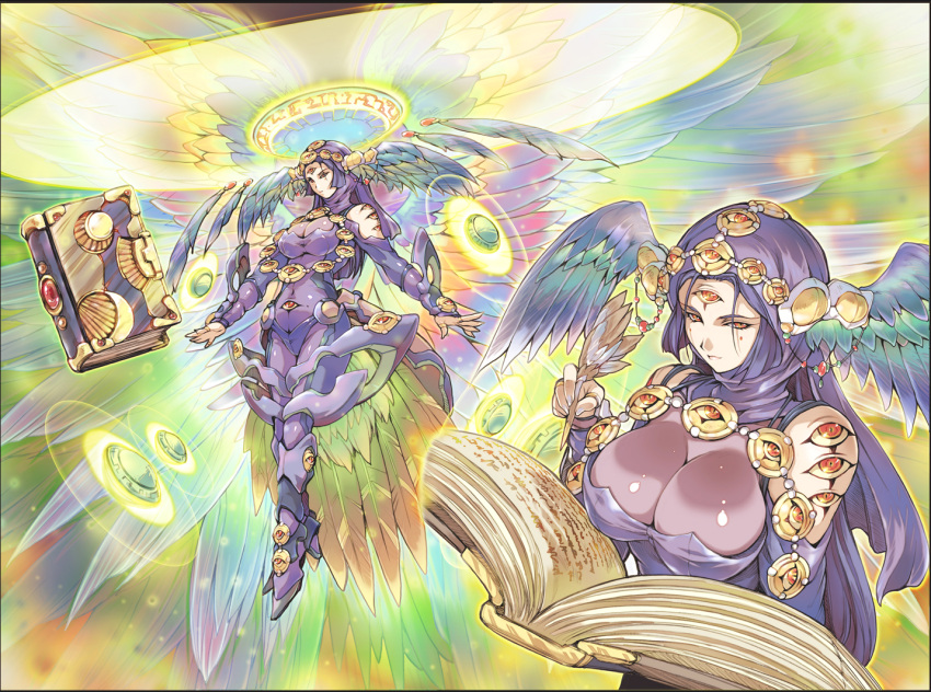 angel azrael_(angel) bird_tail blue_hair book breasts cleavage commentary_request extra_eyes female halo head_wings hisahiko huge_breasts jewelry long_hair moeru!_jiten moeru!_tenshi_jiten multiple_views orange_eyes photoshop_(medium) quill tail third_eye wings