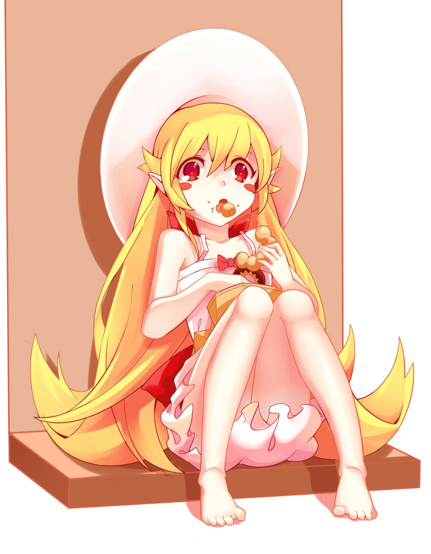 :o bad_id bad_pixiv_id barefoot blonde_hair blush_stickers doughnut dress eating female food hat highres liong long_hair monogatari_(series) nisemonogatari oshino_shinobu pointy_ears red_eyes sitting solo sun_hat