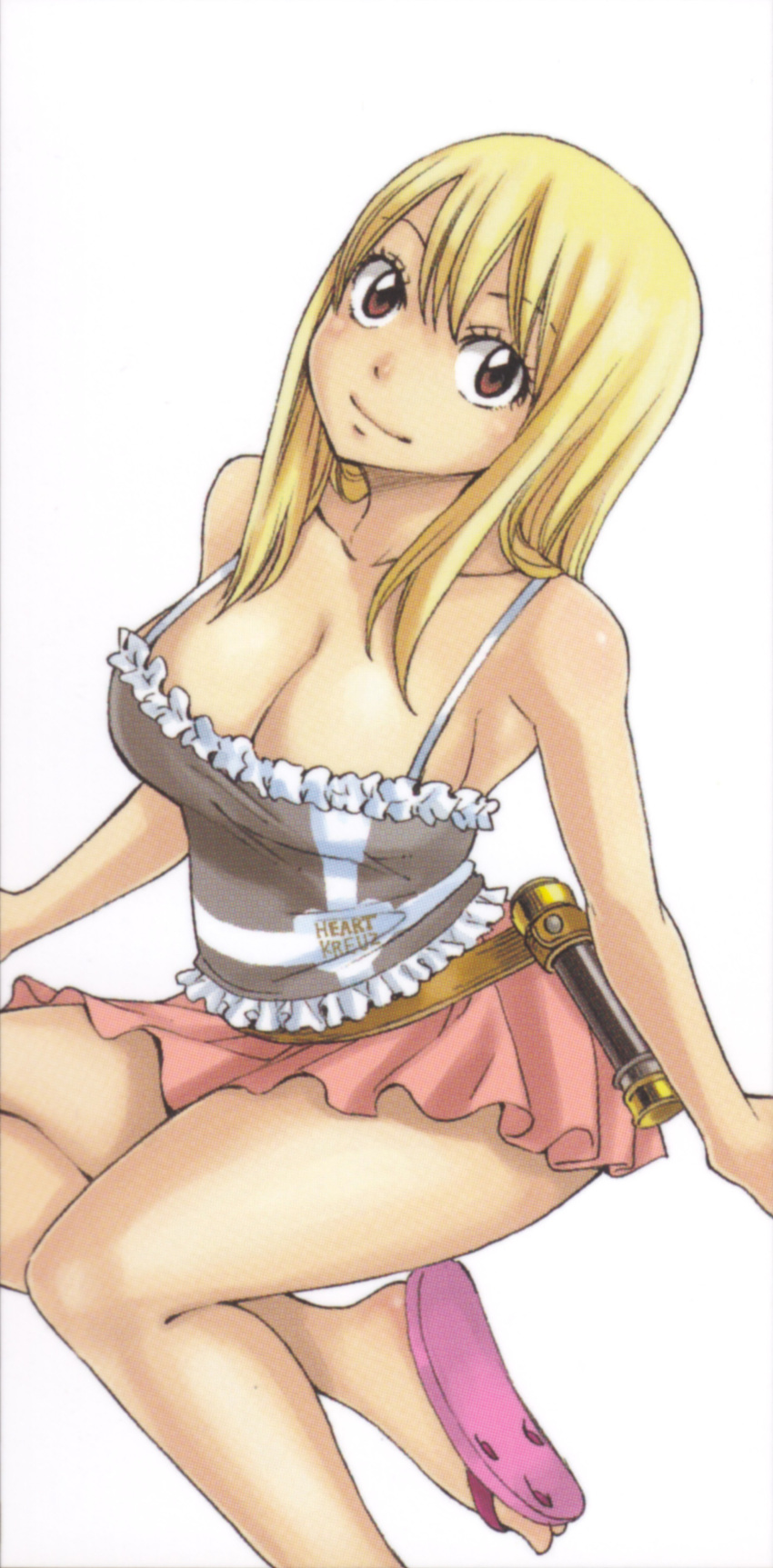 absurdres belt blonde_hair breasts brown_eyes cleavage cleavage fairy_tail female female frills highres large_breasts lucy_heartfilia mashima_hiro miniskirt official_art sandals shirt skirt thighs