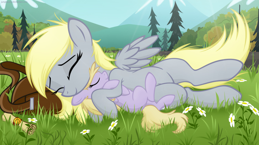 age_difference bag blonde_hair closed_eyes cuddling day derpy_hooves detailed_background dinky_hooves_(mlp) duo equid equine feathered_wings feathers female feral flower forest friendship_is_magic fur grass grey_body grey_feathers grey_fur hair hasbro hi_res hug junglepony lolicon lying mailbag mammal mountain my_little_pony mythological_creature mythological_equine mythology outside parent_(lore) pegasus plant purple_body purple_fur scroll size_difference sleeping tail tree wings young young_feral