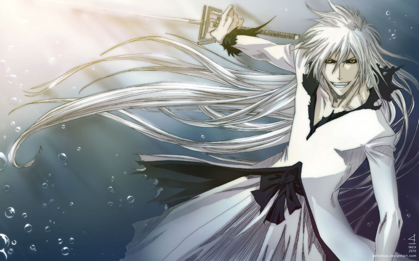 1boy artist_request bankai bleach colored_skin highres hollow_(bleach) hollow_ichigo japanese_clothes kimono kurosaki_ichigo long_hair male_focus photoshop_(medium) sword tensa_zangetsu_(bankai) underwater water weapon white_hair white_kimono white_skin yellow_eyes zangetsu_(bleach)