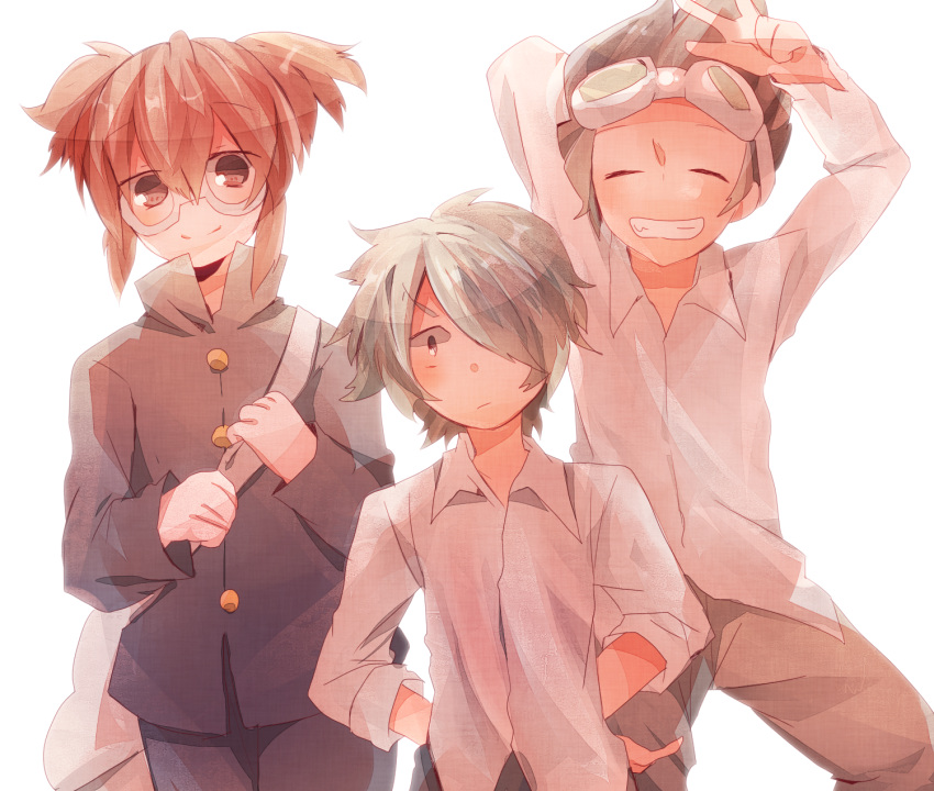 3boys bad_id bad_pixiv_id closed_eyes glasses goggles grin hair_over_one_eye hamano_kaiji hayami_tsurumasa highres inazuma_eleven_(series) inazuma_eleven_go kurama_norihito looking_at_viewer male_focus multiple_boys simple_background smile sugino_(patrassyar) white_background