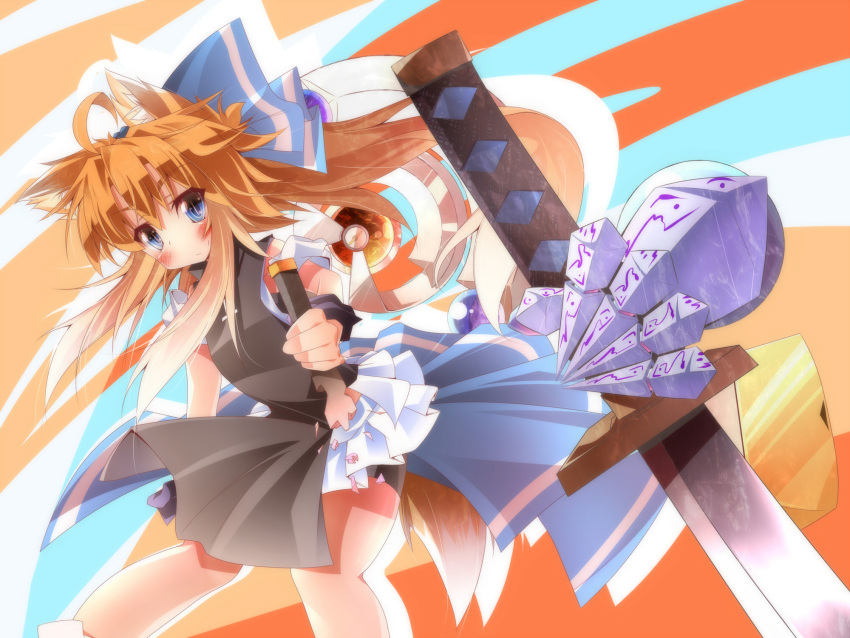 blue_eyes blush bow braids daidai_ookami foxgirl katana long_hair orange_hair original ponytail sword tail weapon