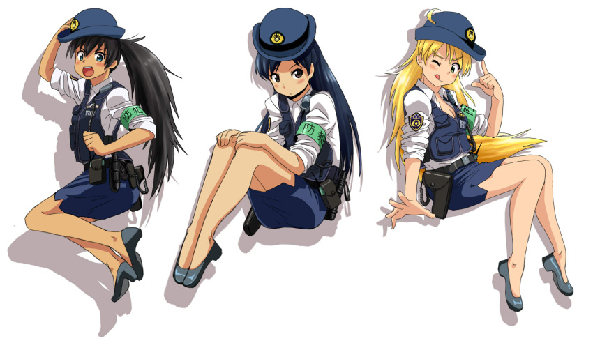 3girls ;q ahoge black_hair blonde_hair blue_hair blush commentary_request cosplay female_service_cap ganaha_hibiki gun handgun hat highres holster hoshii_miki idolmaster idolmaster_(classic) kisaragi_chihaya kozou_(rifa) legs legs_folded long_hair looking_at_viewer multiple_girls one_eye_closed open_mouth pencil_skirt police police_hat police_uniform policewoman ponytail shadow shoes simple_background skirt sleeves_pushed_up smile tongue tongue_out uniform vest weapon white_background