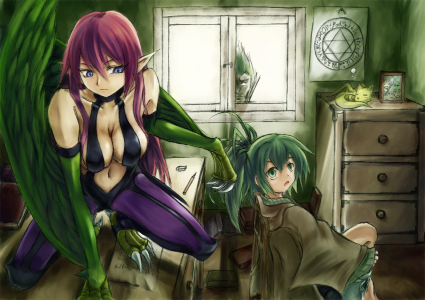 2girls blue_eyes bravespiritya breasts claws cleavage duel_monster green_eyes green_hair harpie_lady long_hair multiple_girls navel petit_dragon pointy_ears ponytail purple_hair short_hair shouma_(bravespiritya) swift_birdman_joe wings wynn yu-gi-oh! yuu-gi-ou_duel_monsters