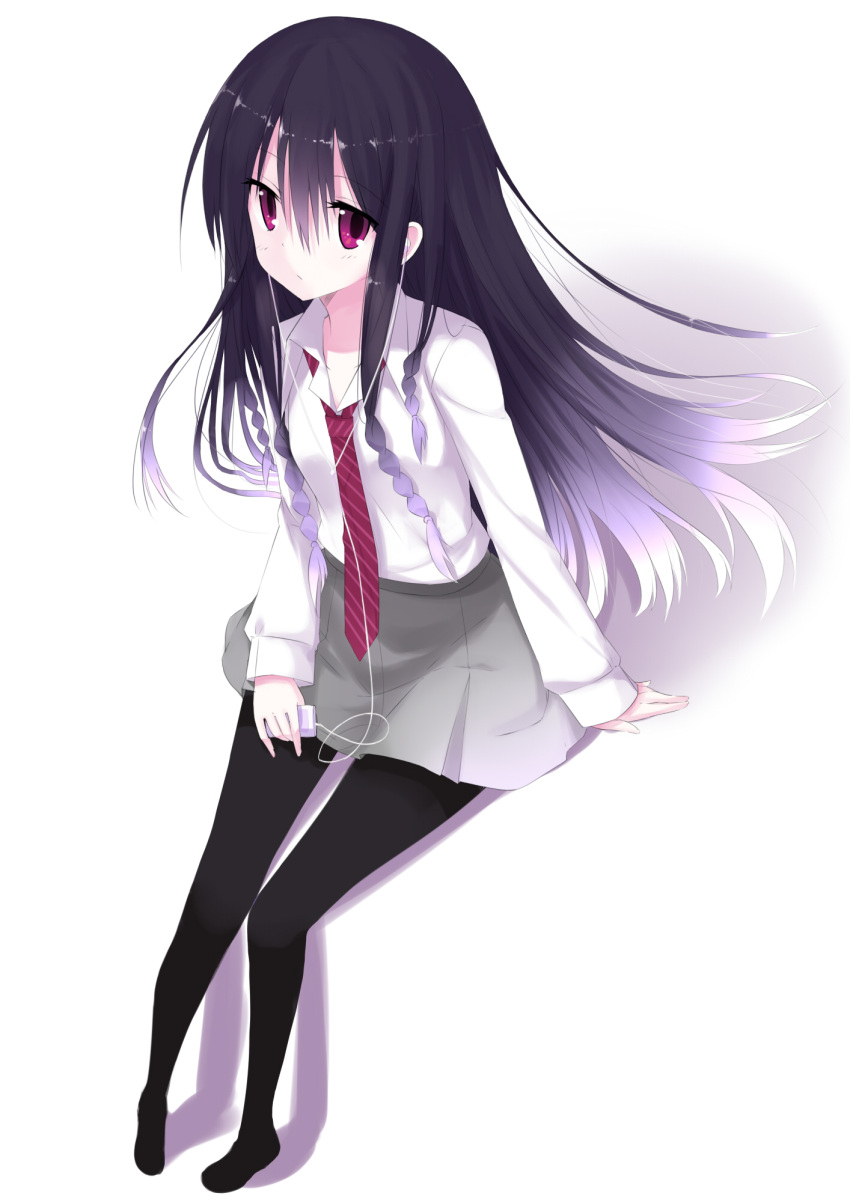 bad_id bad_pixiv_id black_hair braid copyright_request digital_media_player earphones female gradient_hair highres liong long_hair multicolored_hair pantyhose red_eyes solo